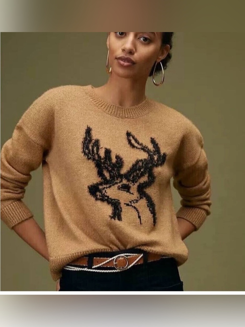 Anthropologie Oh Deer Reindeer Sweater Pullover Antlers Woodland Brown Sz small